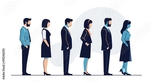 Diverse group of professionals standing in a line facing forward.