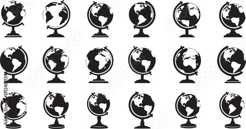 Multiple globe icons in black and white illustration style