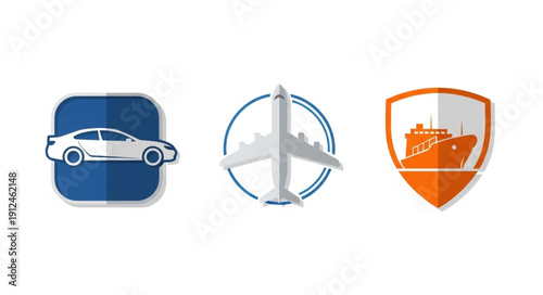 Icons representing different modes of transportation and insurance protection.