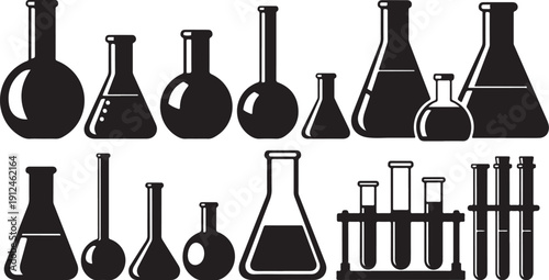 Laboratory Equipment Silhouettes of Beakers and Flasks Icons Set
