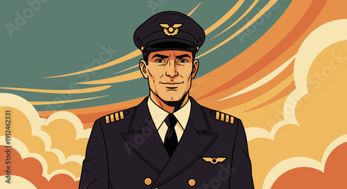 Professional Pilot in Uniform with Wings and Hat.