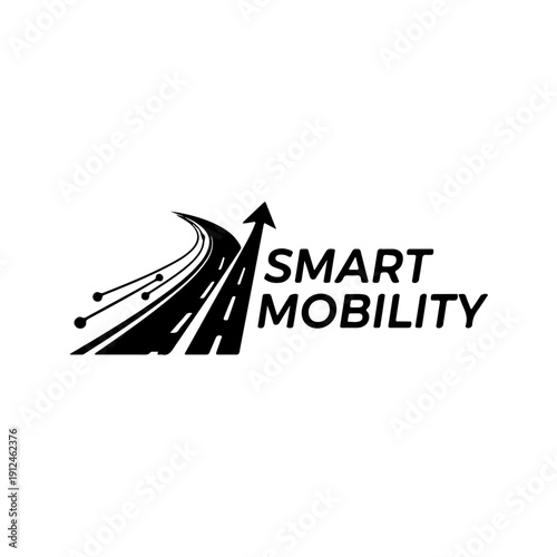 Vector logo for smart mobility, representing innovation in transportation with a stylized road leading to an upward arrow, symbolizing progress and forward-thinking solutions in the mobility sector.