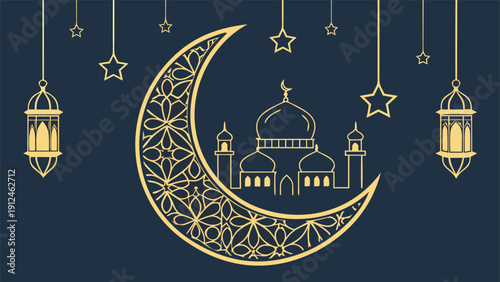 Elegant Eid Mubarak Islamic Golden Arabic Calligraphy Art Background with Crescent Moon