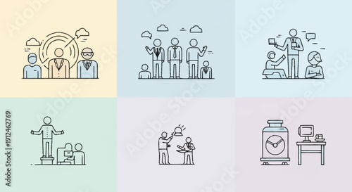 Set of business and teamwork icons in line art style.