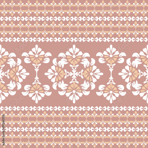 Ikat seamless pattern with decorative flowers in retro style. Vector illustration. Brown and white ikat flowers designed for elaborate borders. 