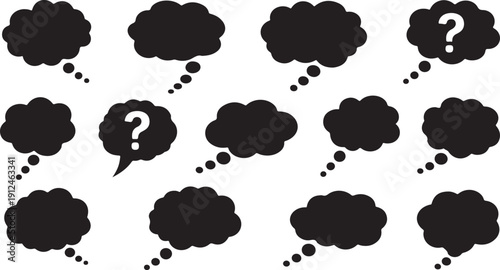 Black thought bubbles with question marks on white background