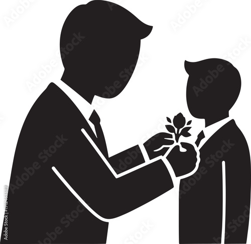 Businessman Adjusting Juniors Boutonniere for Formal Event