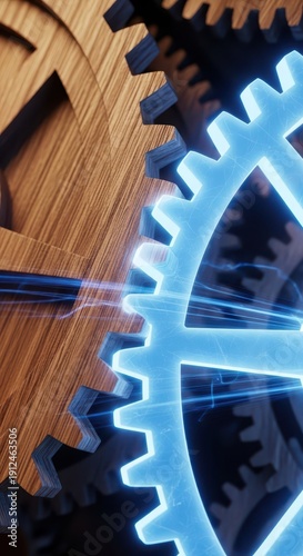 Interlocking mechanical components feature a glowing energy transfer between wood and luminous structures