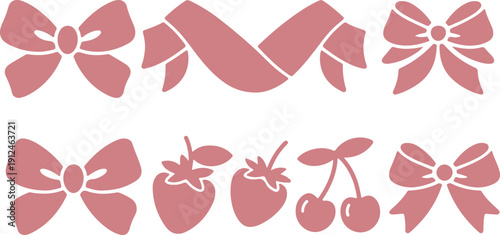 Hand drawn coquette bow and fruit silhouettes, cute ribbon icons set