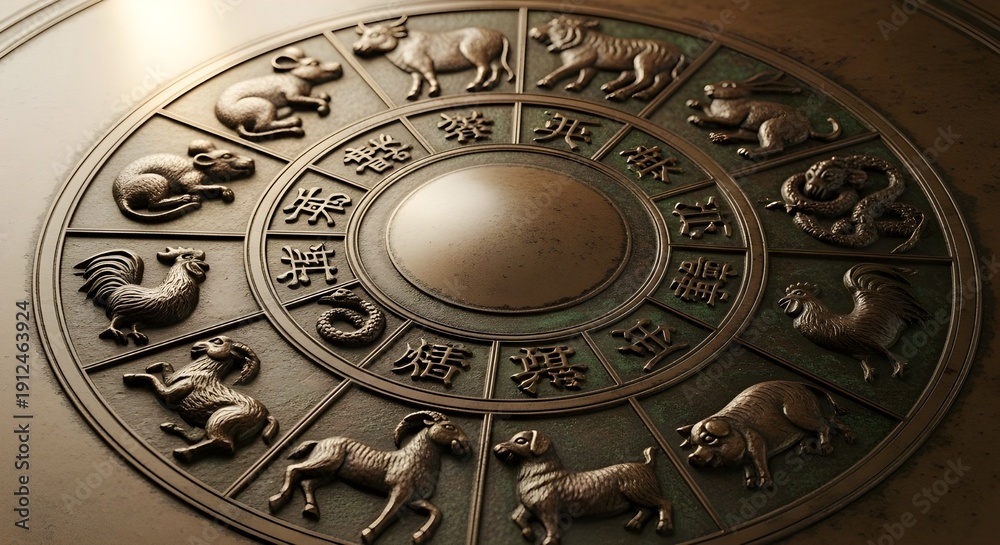 Obraz premium A bronze representation of the Chinese zodiac wheel, or Shio, with embossed relief details. It features the twelve animals of the Chinese horoscope. Suitable for Chinese New Year and Asian culture