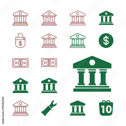 Green and brown bank building with money symbols