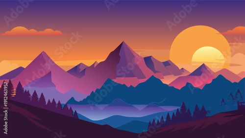A vibrant digital illustration depicts a majestic mountain range silhouetted against a warm colorful sunset sky high-quality professional detailed modern