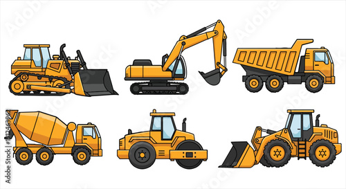 Construction Vehicle Icon Set – Heavy Machinery Line Vector for Engineering and Infrastructure Work