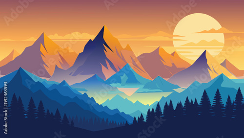 A stylized landscape depicts silhouetted mountains under a vibrant gradient sunset with a large glowing moon high-quality professional detailed modern