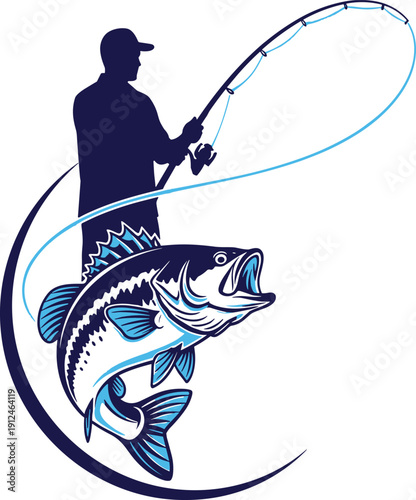 Person fishing with dynamic rod, large fish leaping from water, bold vector illustration for outdoor, sport, adventure, recreational themes