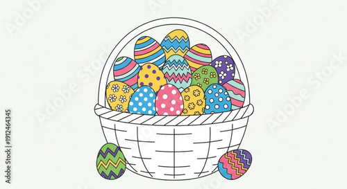 Colorful easter eggs in a white wicker basket on a light green background holiday decoration