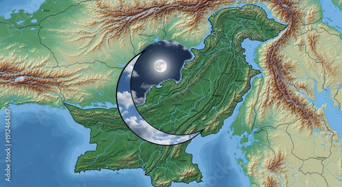 Crescent moon symbol overlay on a map of pakistan with topographic features and water bodies under a cloudy night sky