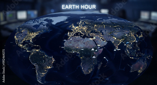 Globe with city lights dimmed for earth hour global unity in darkness environmental awareness and conservation effort
