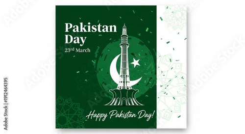 Pakistan day greeting card with minar e pakistan monument crescent moon and star on green background 23rd march celebration