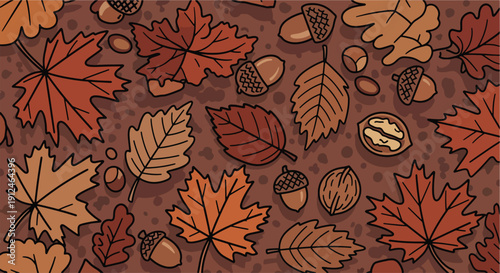 Autumn Leaves and Nuts on Forest Ground – Rustic Fall Nature Landscape Element