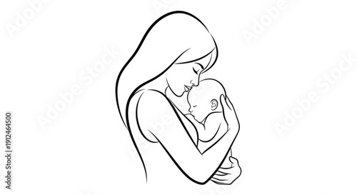 Tender moment of a mother kissing and hugging her newborn baby love and care in a simple line art style