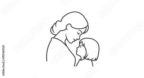 Tender moment of a mother kissing her child on the forehead expressing love and affection in a simple line drawing