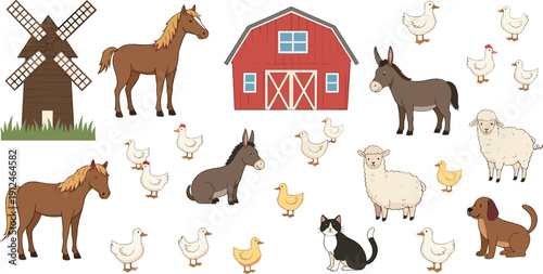 Cute farm animals vector set with barn windmill horse donkey sheep chickens dog cat and poultry isolated on white background