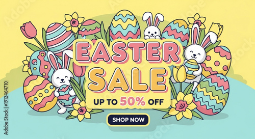 Easter sale banner with colorful eggs bunnies and flowers on yellow background