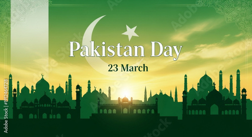 Pakistan day celebration with mosque silhouettes at sunset green and yellow sky with crescent moon and star