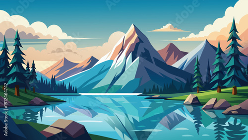 A stylized illustration depicts a serene mountain landscape with a reflective lake and lush evergreen trees high-quality professional detailed modern