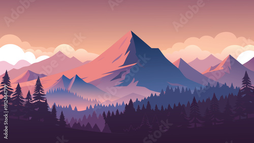 A stylized digital illustration depicts a majestic mountain range silhouetted against a warm colorful sunset sky high-quality professional detailed modern
