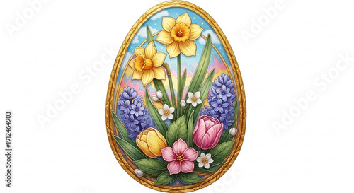 Vibrant spring flowers in golden oval frame colorful floral arrangement with daffodils tulips and hyacinths on white background