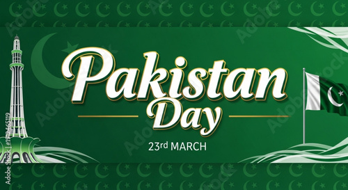 Pakistan day celebration background with minar e pakistan and flag on green