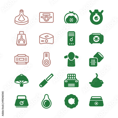 Green and brown of kitchen and appliances on white gadgets