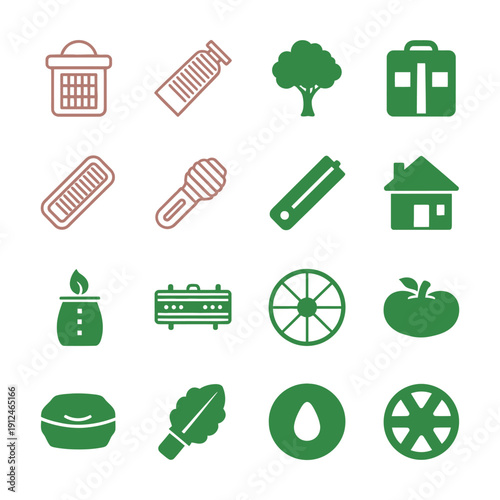 Green and brown of household and nature symbols