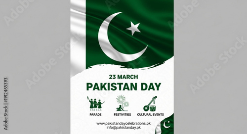 Pakistan day celebration poster with green and white flag crescent moon star and cultural icons on march 23rd