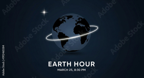 Globe with glowing ring for earth hour on march 25 at 8 30 pm in dark background with star