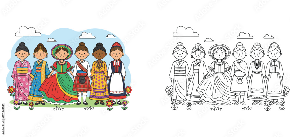 Fototapeta premium Diverse Girls in Traditional Costumes Around the World Illustration, Multicultural Women Folk Dress Set, Kids Coloring Page and Colored Vector for International Day and Global Education