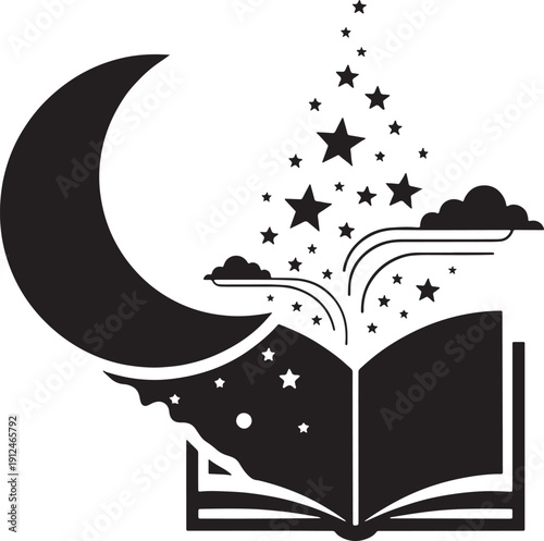 Open Book with Stars and Crescent Moon Illustration