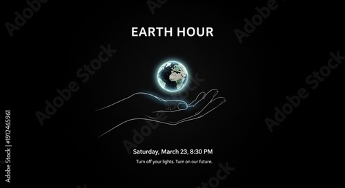 Earth hour campaign poster with hand holding glowing earth on black background
