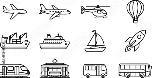 Transport vehicle line icons set, airplane ship train bus, travel outline vector collection