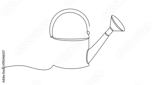 Animated self drawing of one continuous line draw watering plant at garden. Full length one line animation, hand holding watering can watering plant at ground. Growing seedling forest