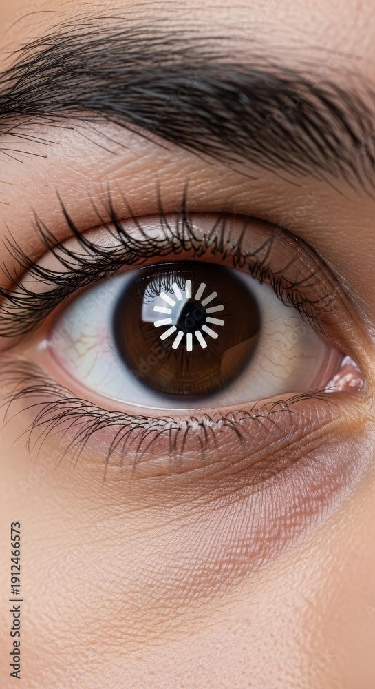Naklejka premium Extreme close up captures human eye displaying a circular processing indicator reflected on the dark iris