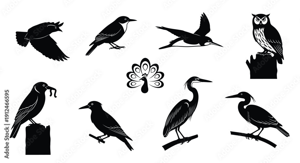 Fototapeta premium Collection of various bird silhouettes perched and flying.