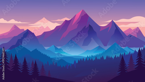 A vibrant stylized digital illustration depicts a majestic mountain range silhouetted against a colorful gradient sky high-quality professional detailed modern