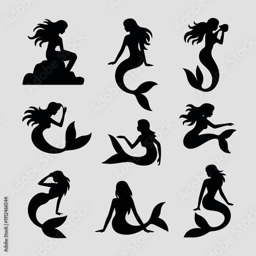 Create on Collections of vector silhouettes of a mermaid.