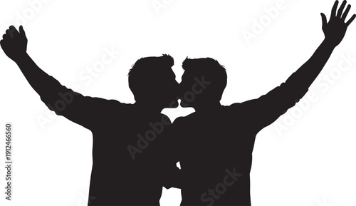 Silhouette of two people kissing with arms raised in celebration