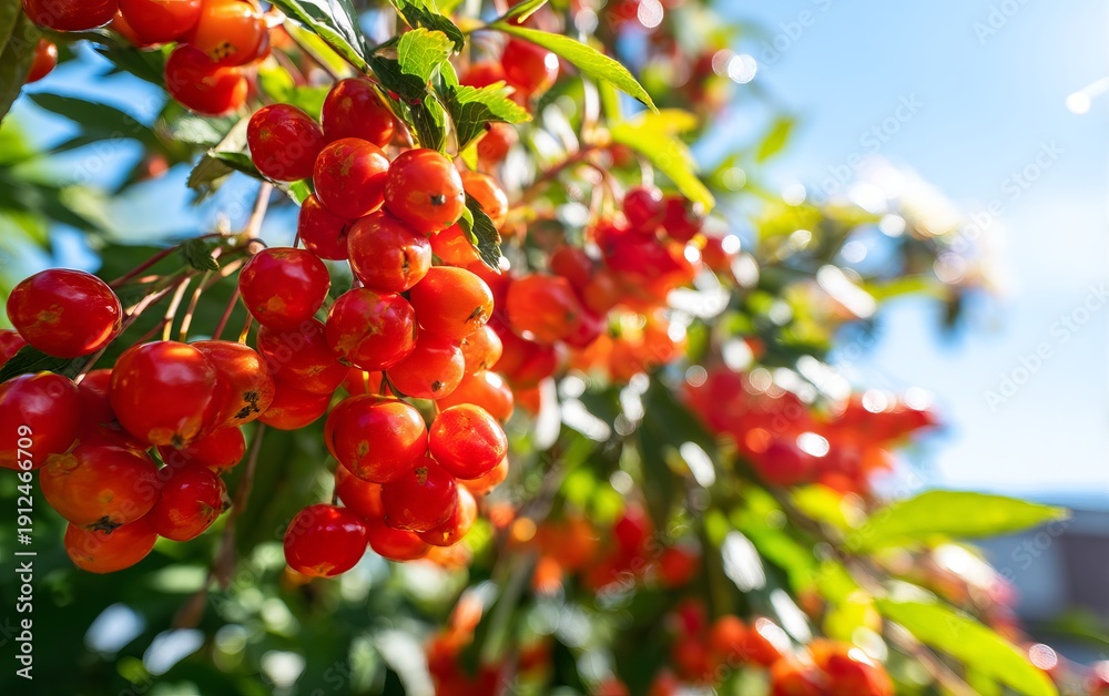 Obraz premium Ripe Red Berries Brightly Shine Under Sunlight Among Green Bushes