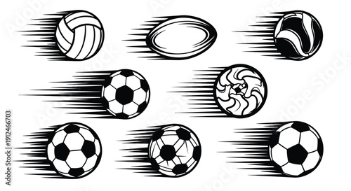 A set of fast-moving sports balls fly across a white background.