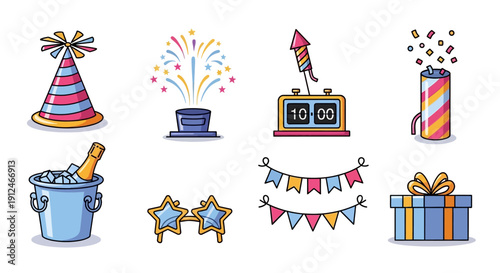 Collection of cartoon style party elements on a white background